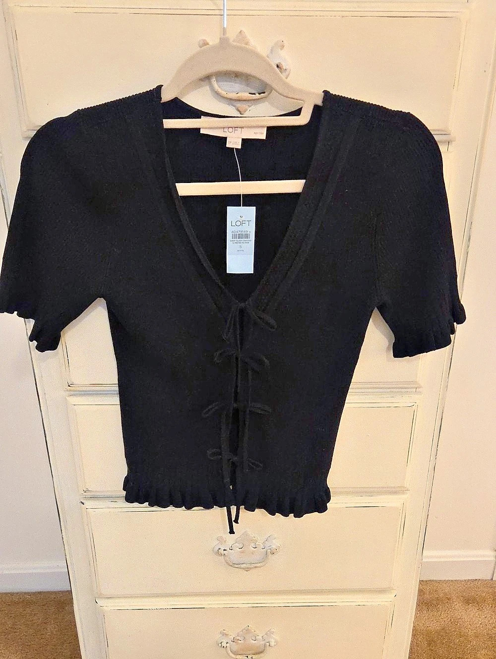 LOFT Lace-Up Ribbed Top in Black Size Small NWT